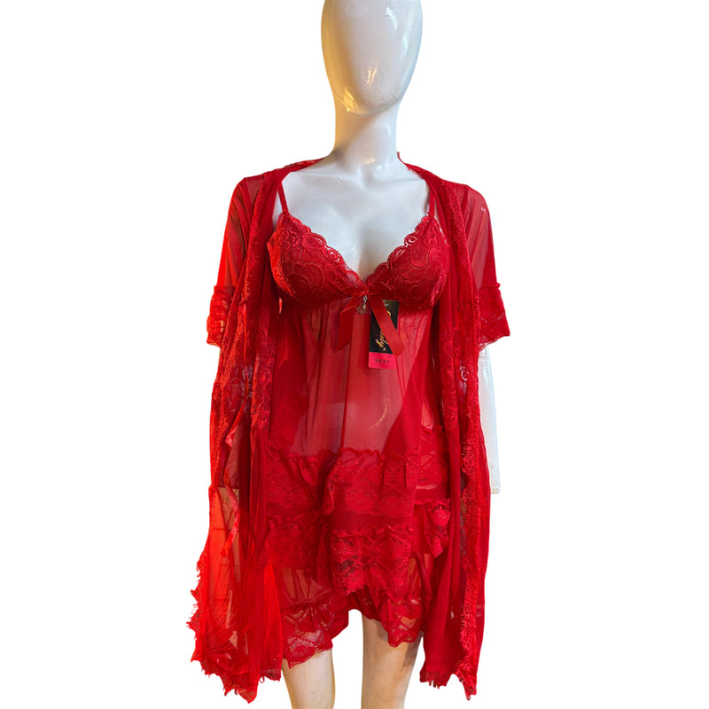 Red Sheer Lace Lingerie Set – 3-Piece Robe, Bra & Panty