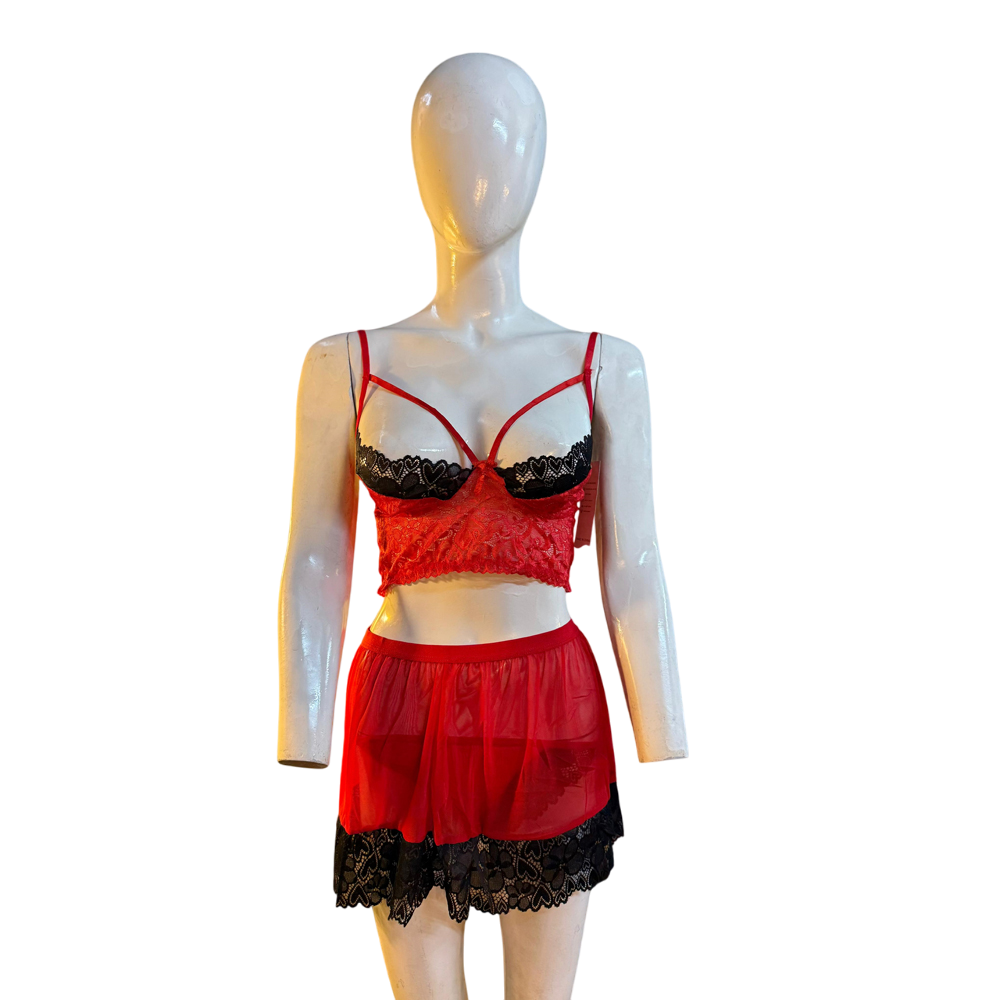 Bliss Crimson Desire – Red & Black Lace Lingerie Set