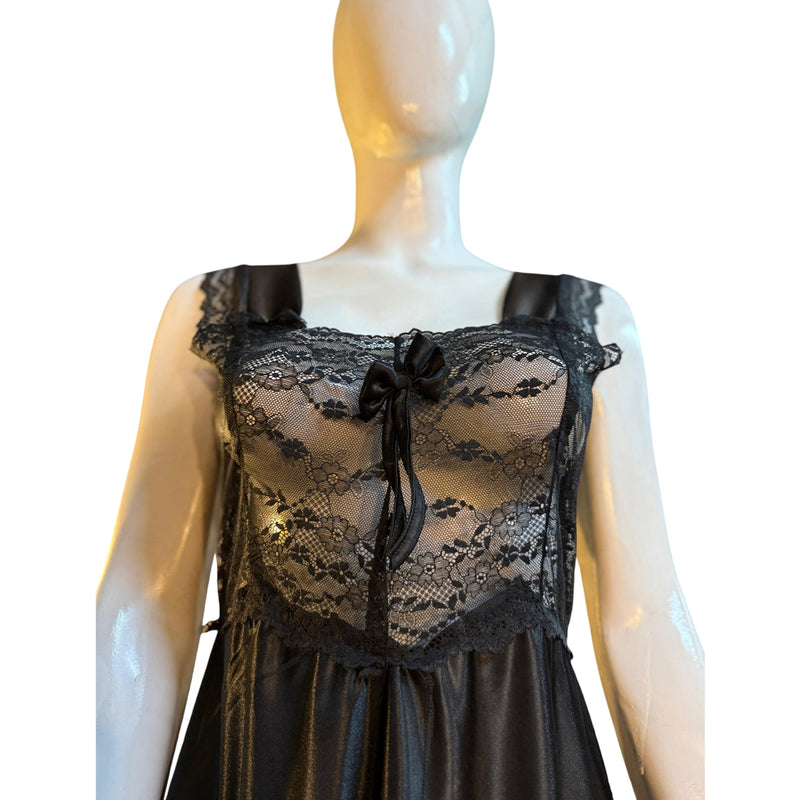 Bliss Velvet Noir – Long Black Lace & Satin Nightgown