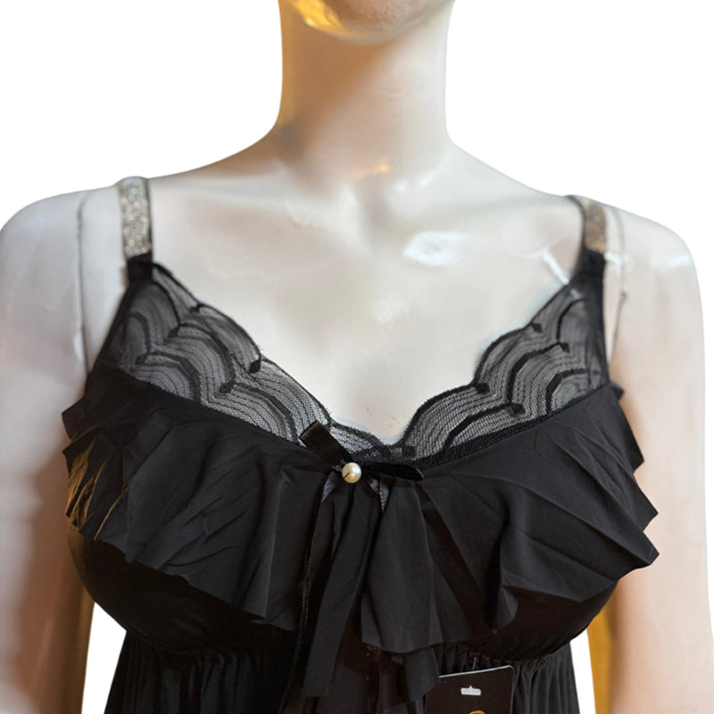 Midnight Ruffle Charm – Black Lace Nightdress