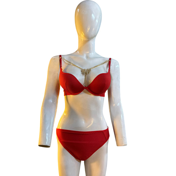 Red Ribbed Bikini Set
